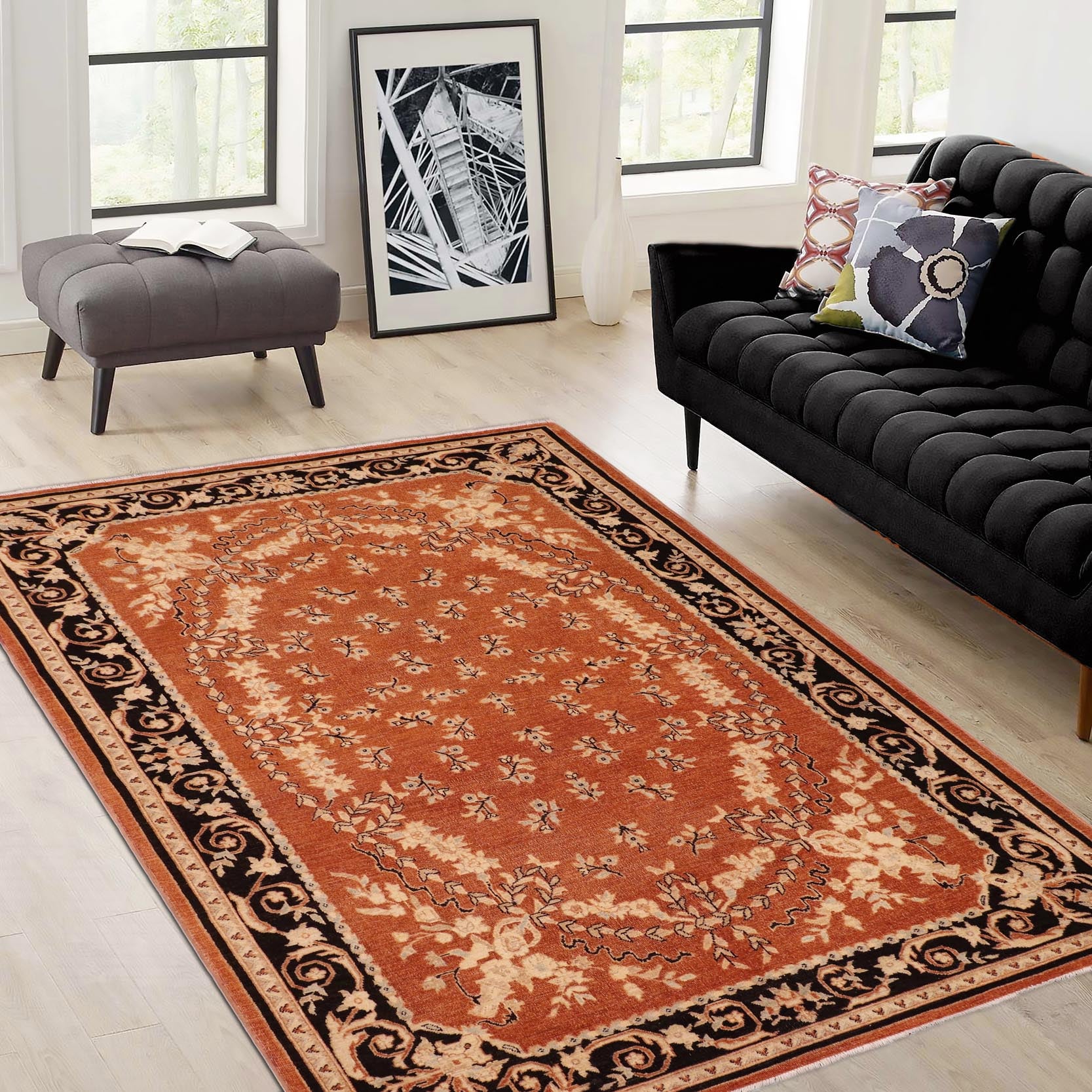 handmade Transitional Kafkaz Rust Black Hand Knotted RECTANGLE 100% WOOL area rug 6' x 9'