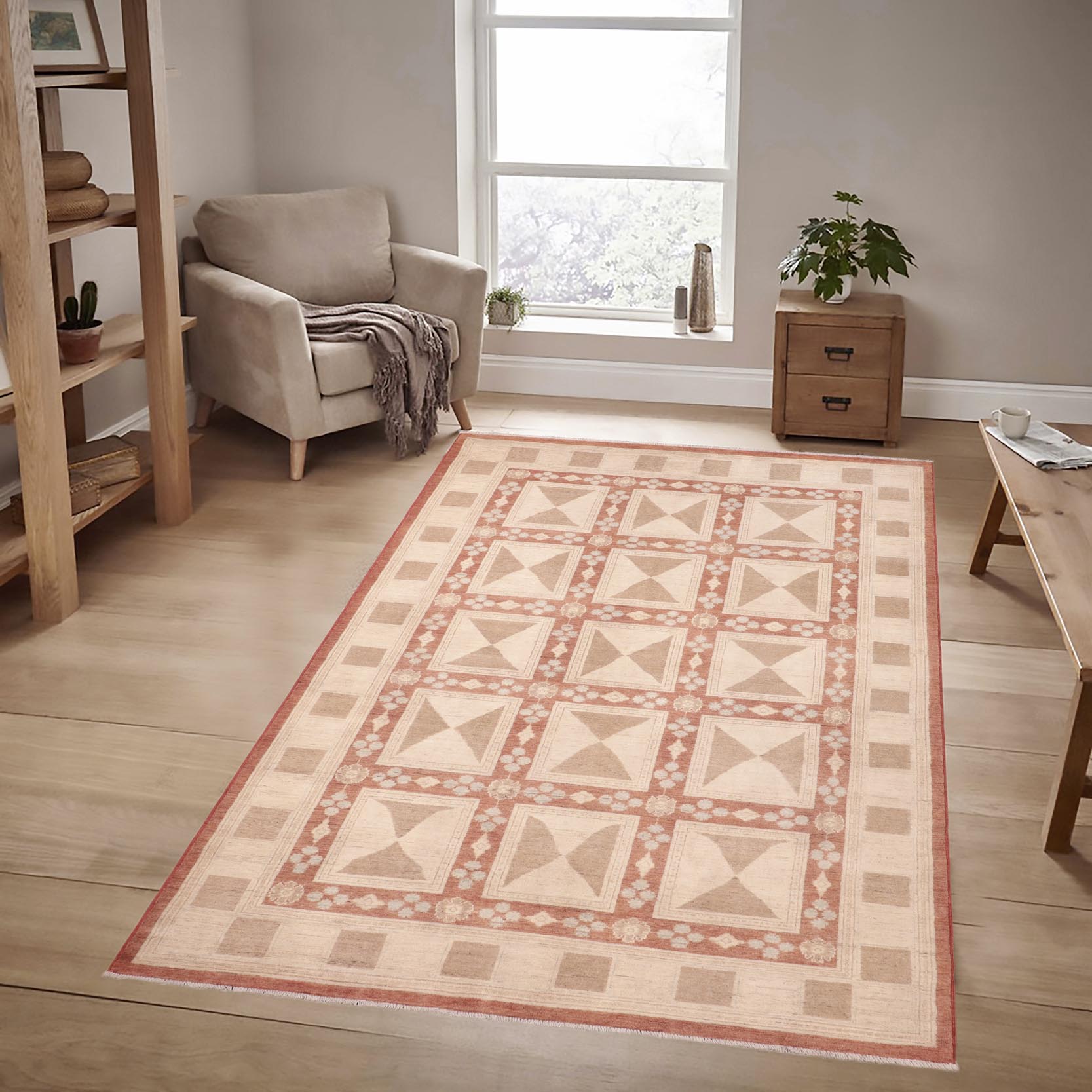 handmade Modern Kafkaz Rust Tan Hand Knotted RECTANGLE 100% WOOL area rug 6' x 9'