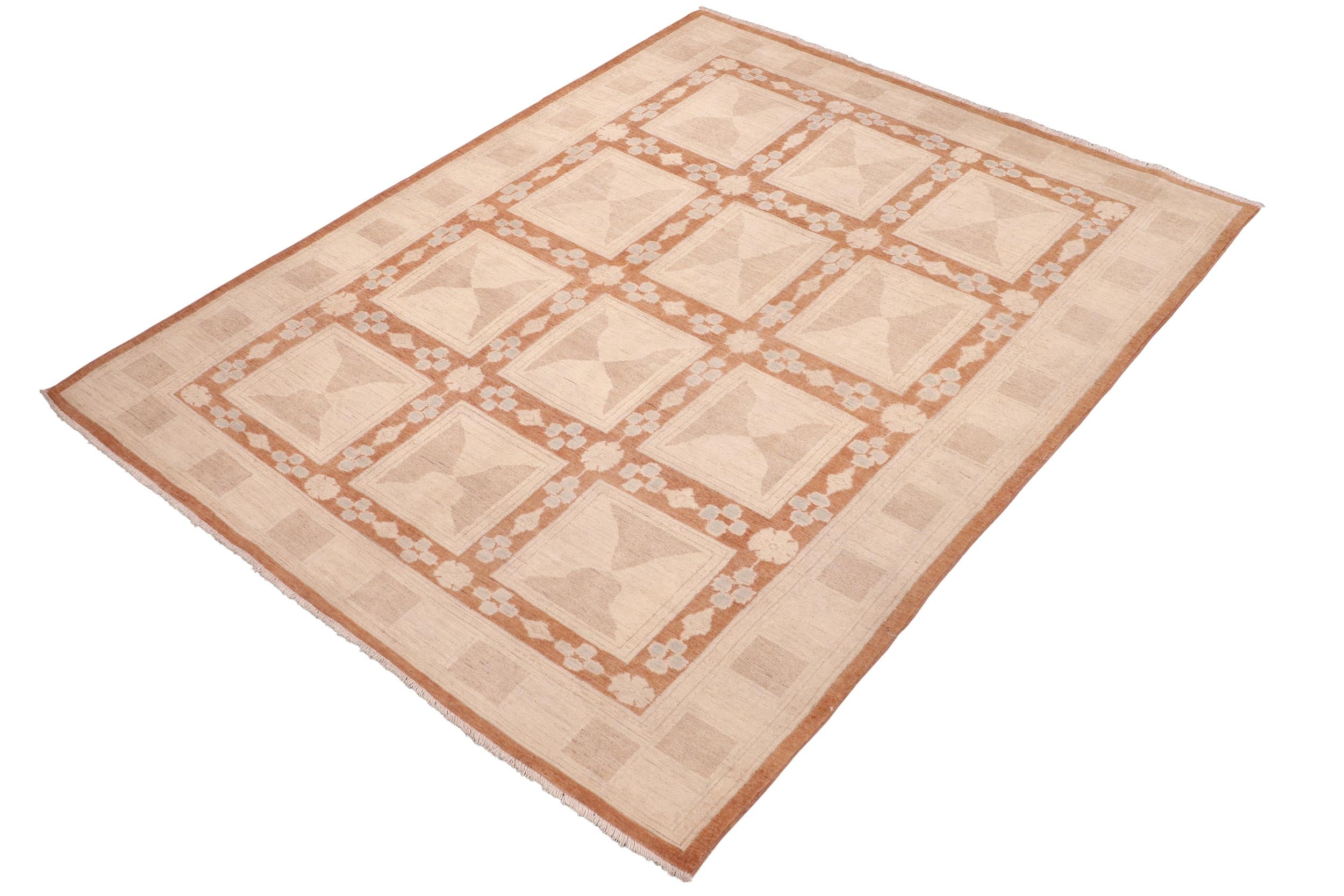 handmade Modern Kafkaz Rust Tan Hand Knotted RECTANGLE 100% WOOL area rug 6' x 9'