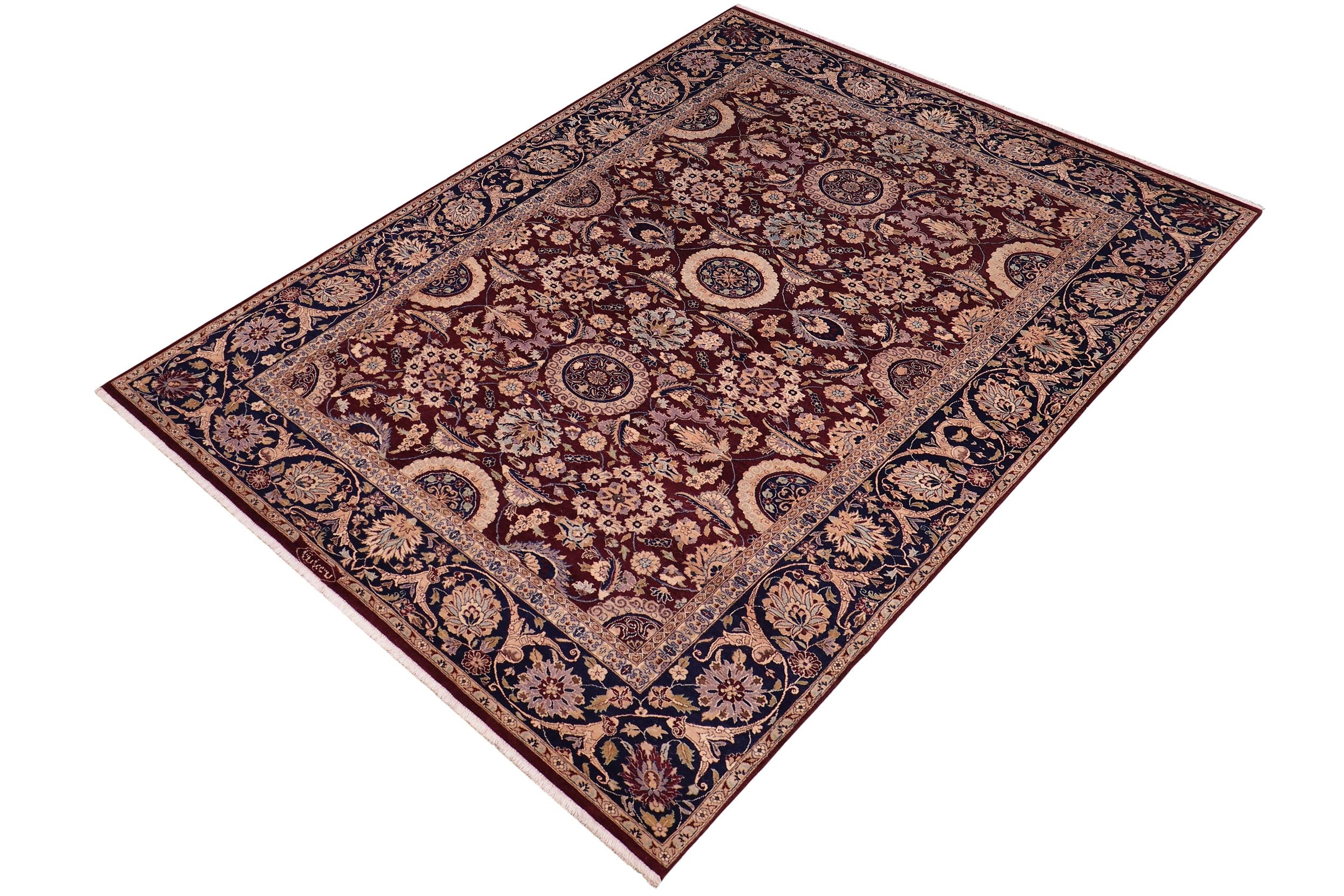 handmade Transitional Agra Tabriz Aubergine Blue Hand Knotted RECTANGLE 100% WOOL area rug 6x9