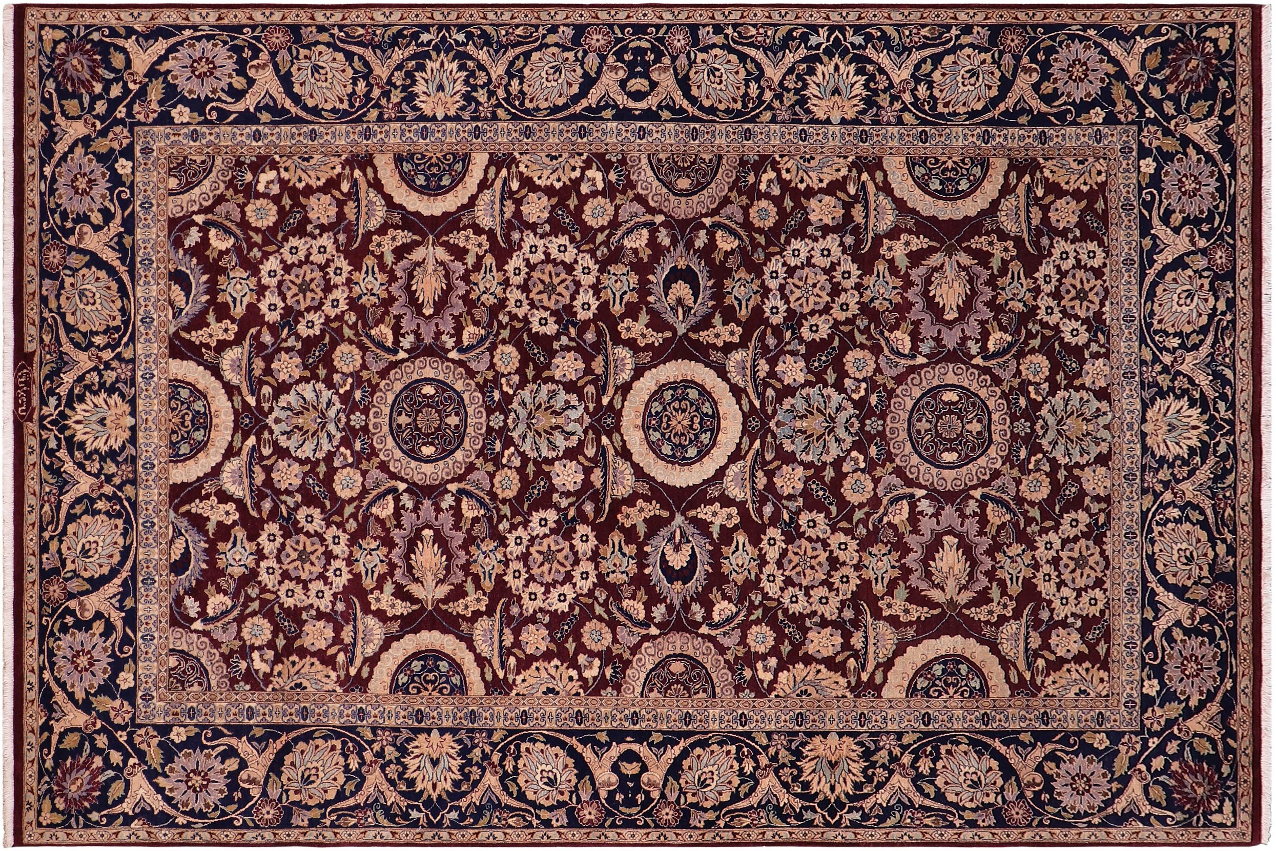 handmade Transitional Agra Tabriz Aubergine Blue Hand Knotted RECTANGLE 100% WOOL area rug 6x9