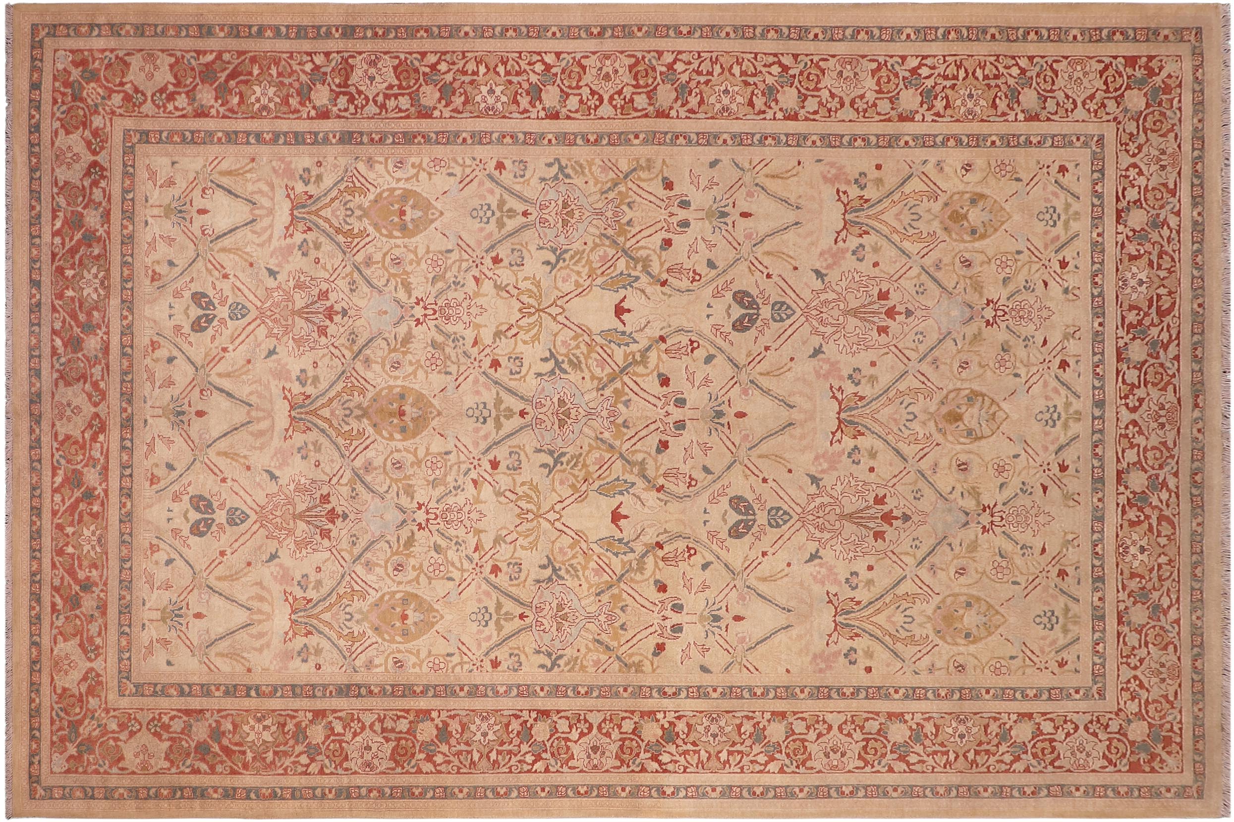 handmade Transitional Mujahid Tan Red Hand Knotted RECTANGLE 100% WOOL area rug 6x9