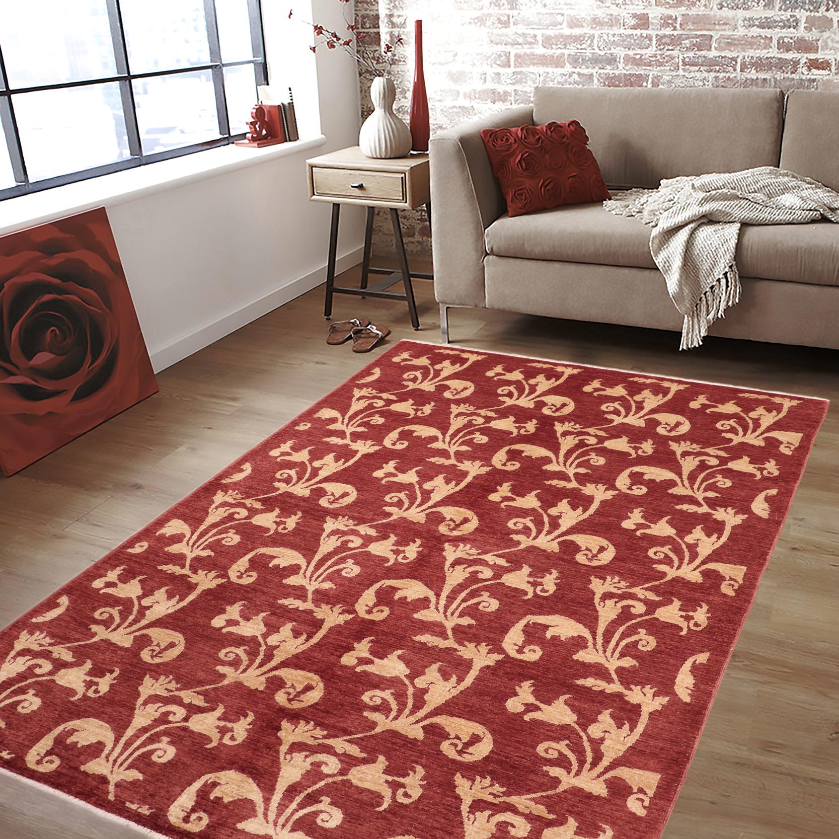 handmade Modern Kafkaz Red Gold Hand Knotted RECTANGLE 100% WOOL area rug 6' x 9'