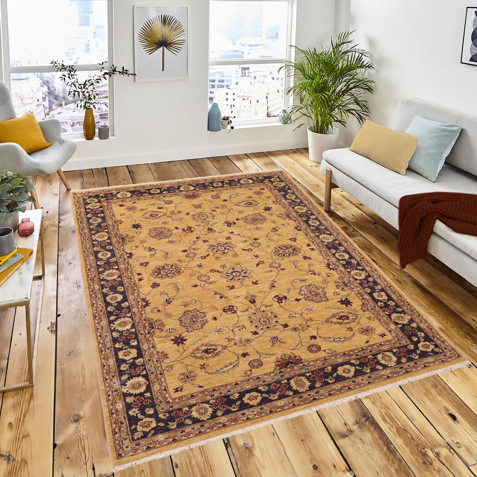 handmade Traditional Kafkaz Gold Blue Hand Knotted RECTANGLE 100% WOOL area rug 6x9