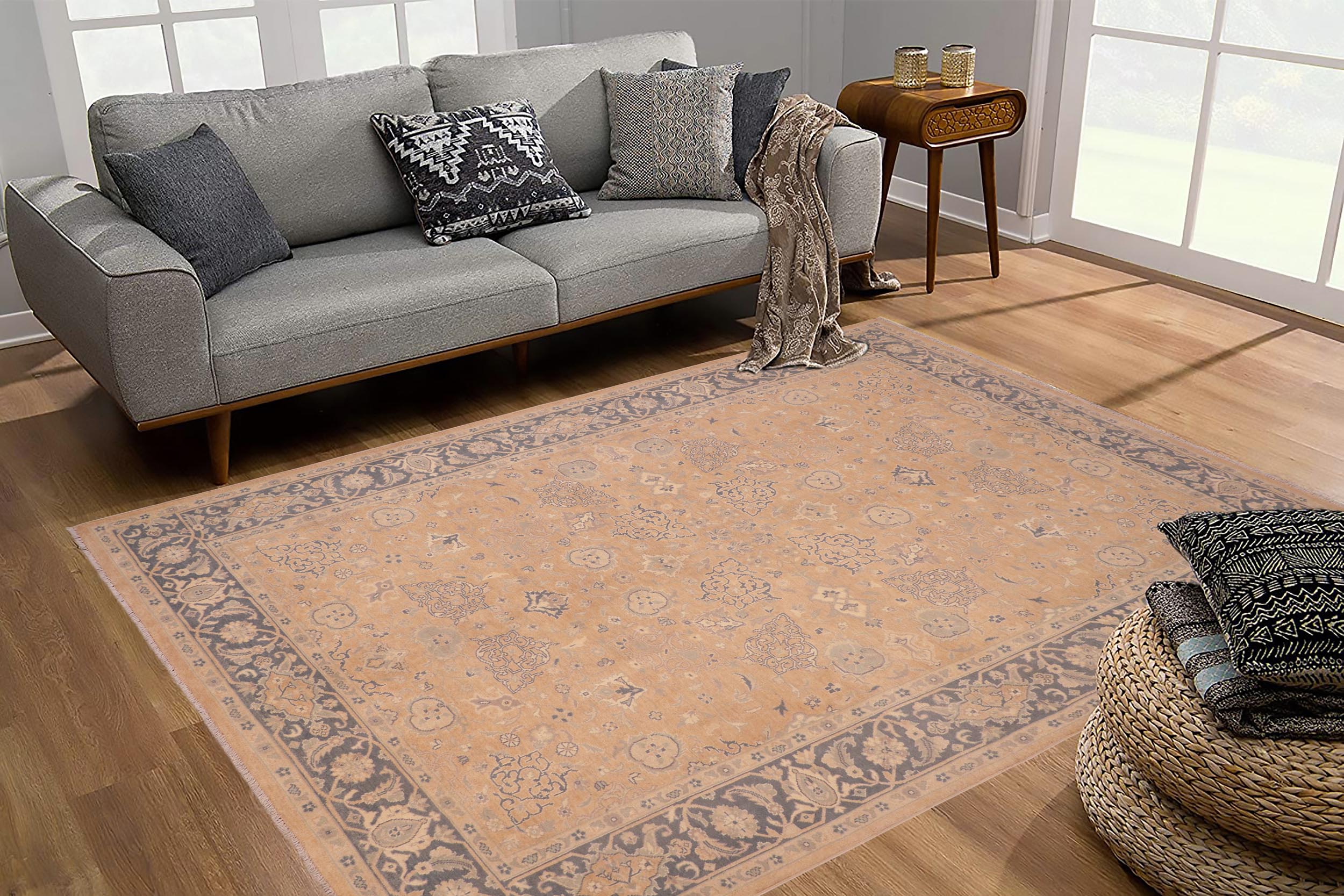 handmade Transitional Kafkaz Tan Gray Hand Knotted RECTANGLE 100% WOOL area rug 6x9