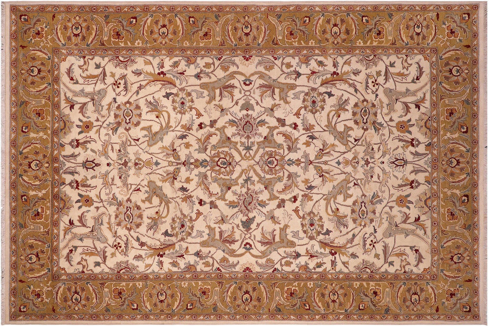 handmade Traditional Design Ivory Lt. Green Hand Knotted RECTANGLE 100% WOOL area rug 6' x 9'