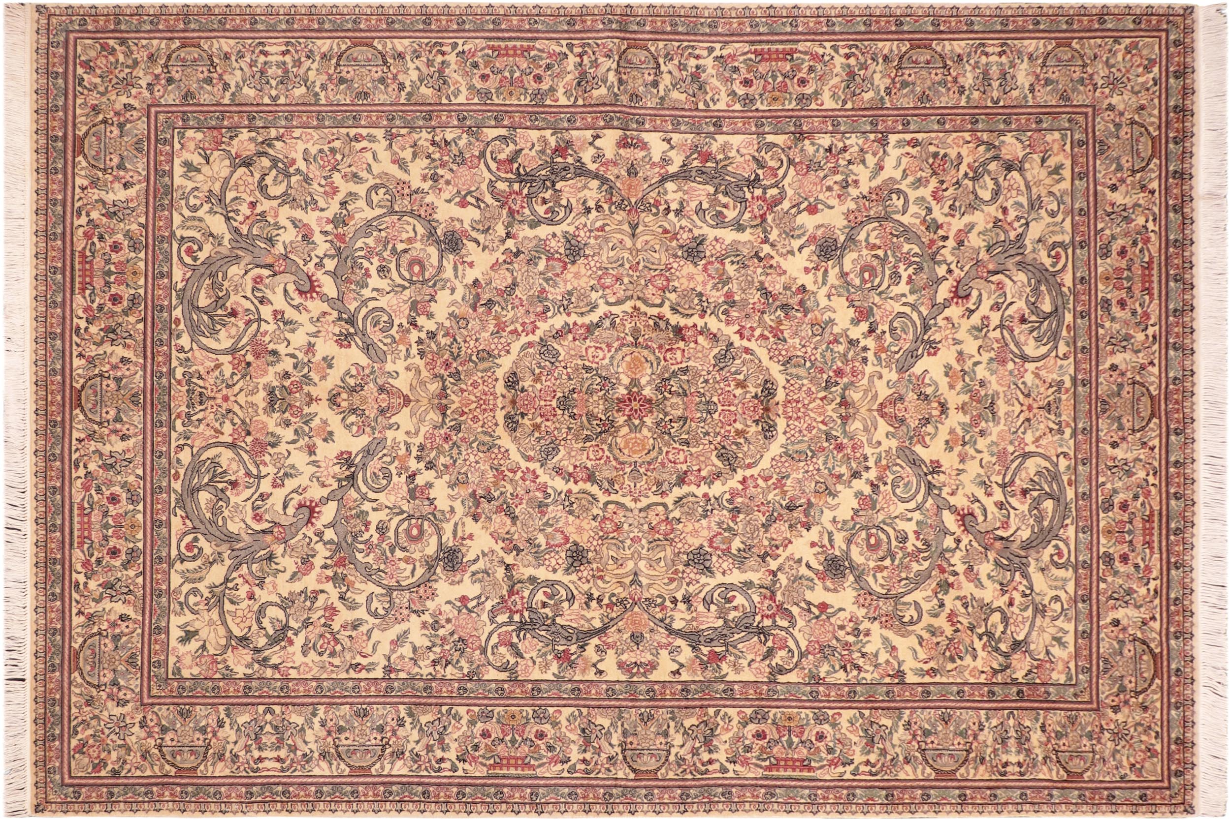 handmade Traditional Tamour Beige Pink Hand Knotted RECTANGLE 100% WOOL area rug 6x10