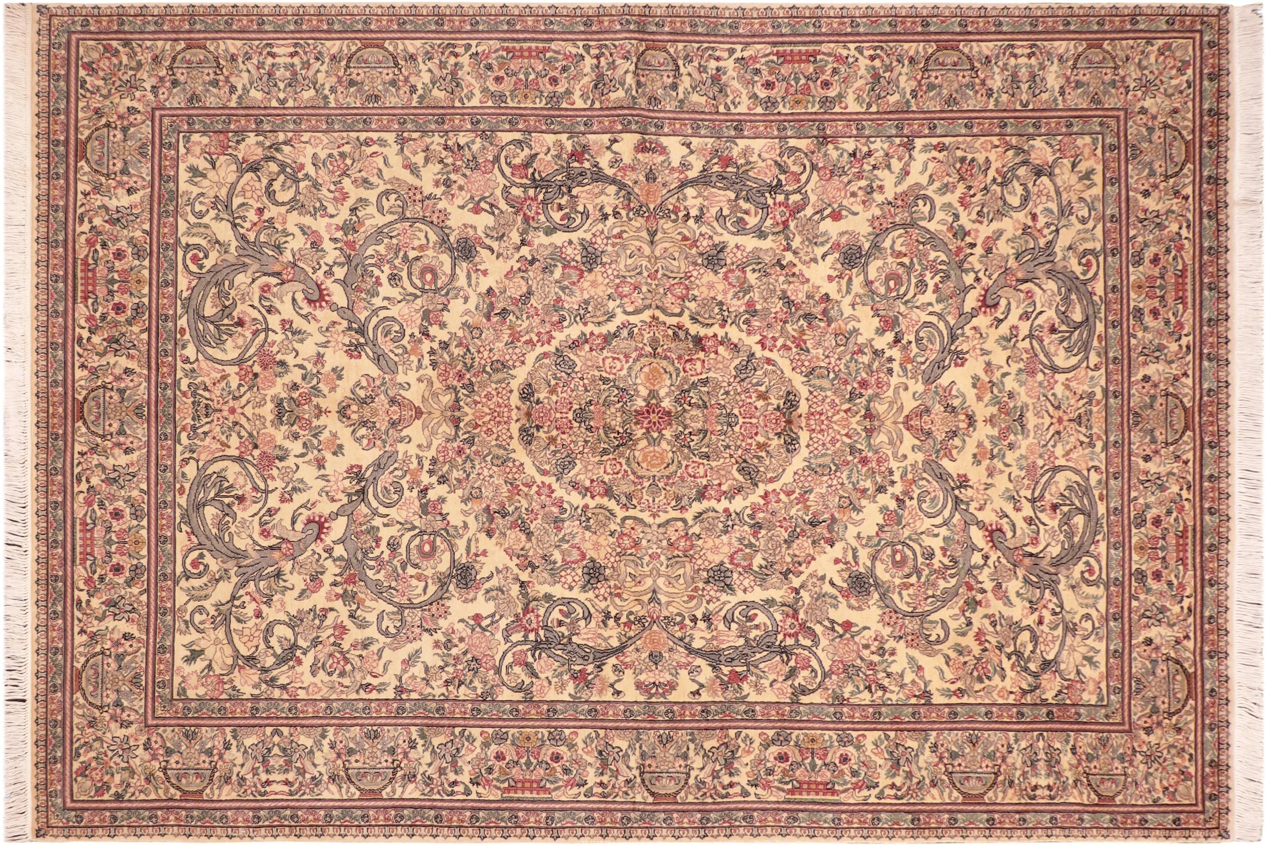 handmade Traditional Tamour Beige Pink Hand Knotted RECTANGLE 100% WOOL area rug 6x10