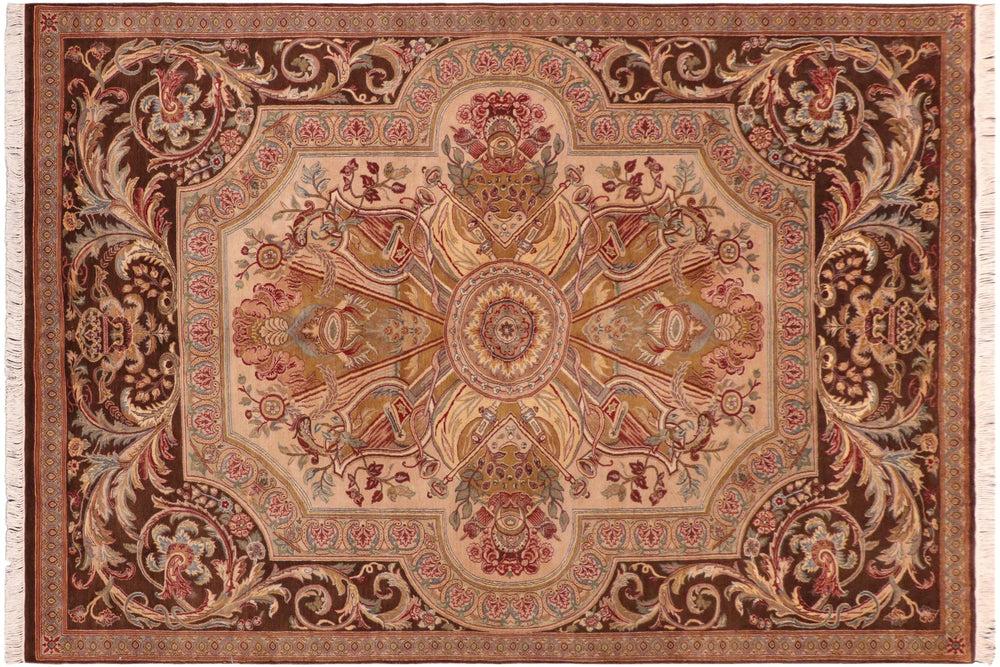 handmade Traditional Firdous Brown Taupe Hand Knotted RECTANGLE 100% WOOL area rug 6x10