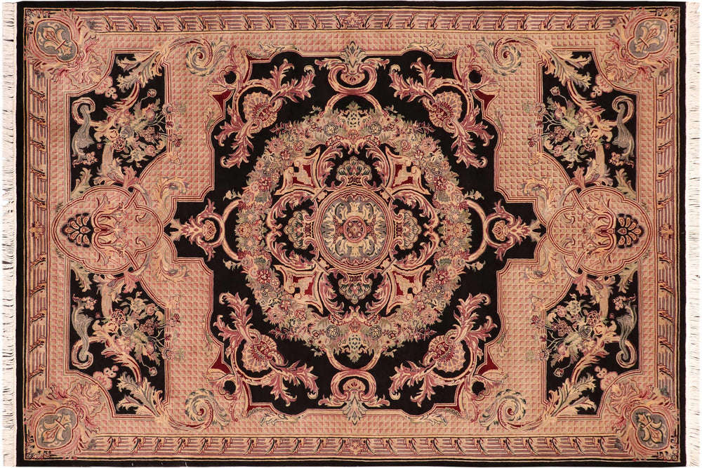 handmade Traditional Savonarrie Black Pink Hand Knotted RECTANGLE 100% WOOL area rug 6x9