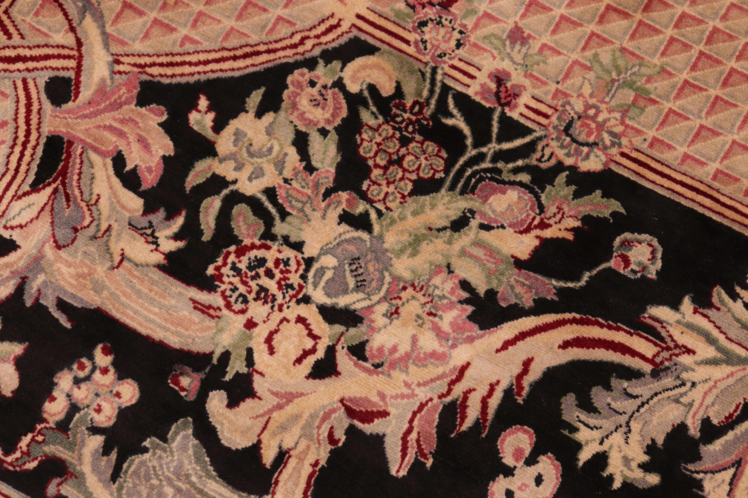 handmade Traditional Savonarrie Black Pink Hand Knotted RECTANGLE 100% WOOL area rug 6x9