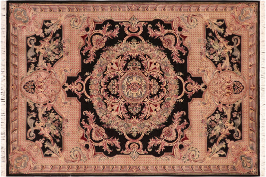 handmade Traditional Savonarrie Black Pink Hand Knotted RECTANGLE 100% WOOL area rug 6x9