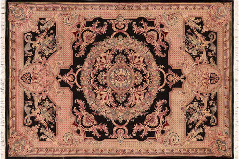 handmade Traditional Savonarrie Black Pink Hand Knotted RECTANGLE 100% WOOL area rug 6x9