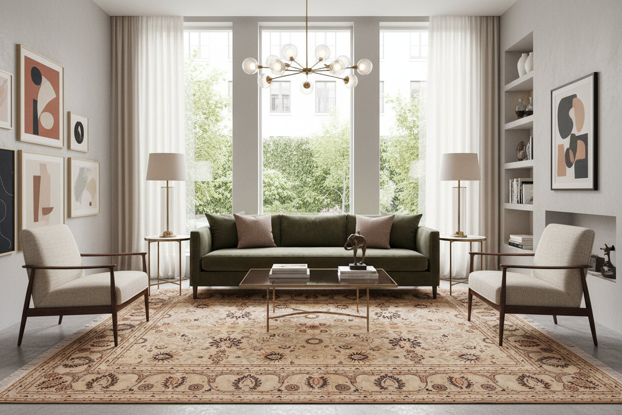 handmade Transitional New Asif Tan Green Hand Knotted RECTANGLE 100% WOOL area rug 6x9