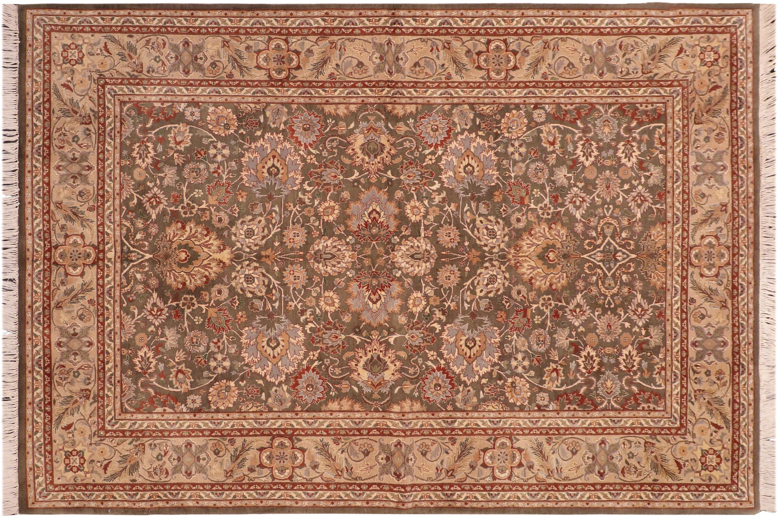 handmade Traditional Mehal Green Taupe Hand Knotted RECTANGLE 100% WOOL area rug 6x9