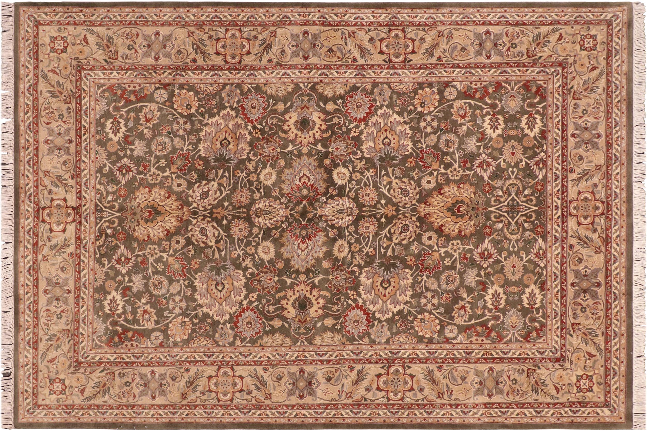 handmade Traditional Mehal Green Taupe Hand Knotted RECTANGLE 100% WOOL area rug 6x9