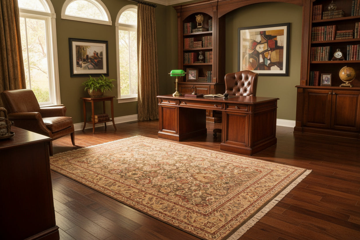 handmade Traditional Mehal Green Taupe Hand Knotted RECTANGLE 100% WOOL area rug 6x9