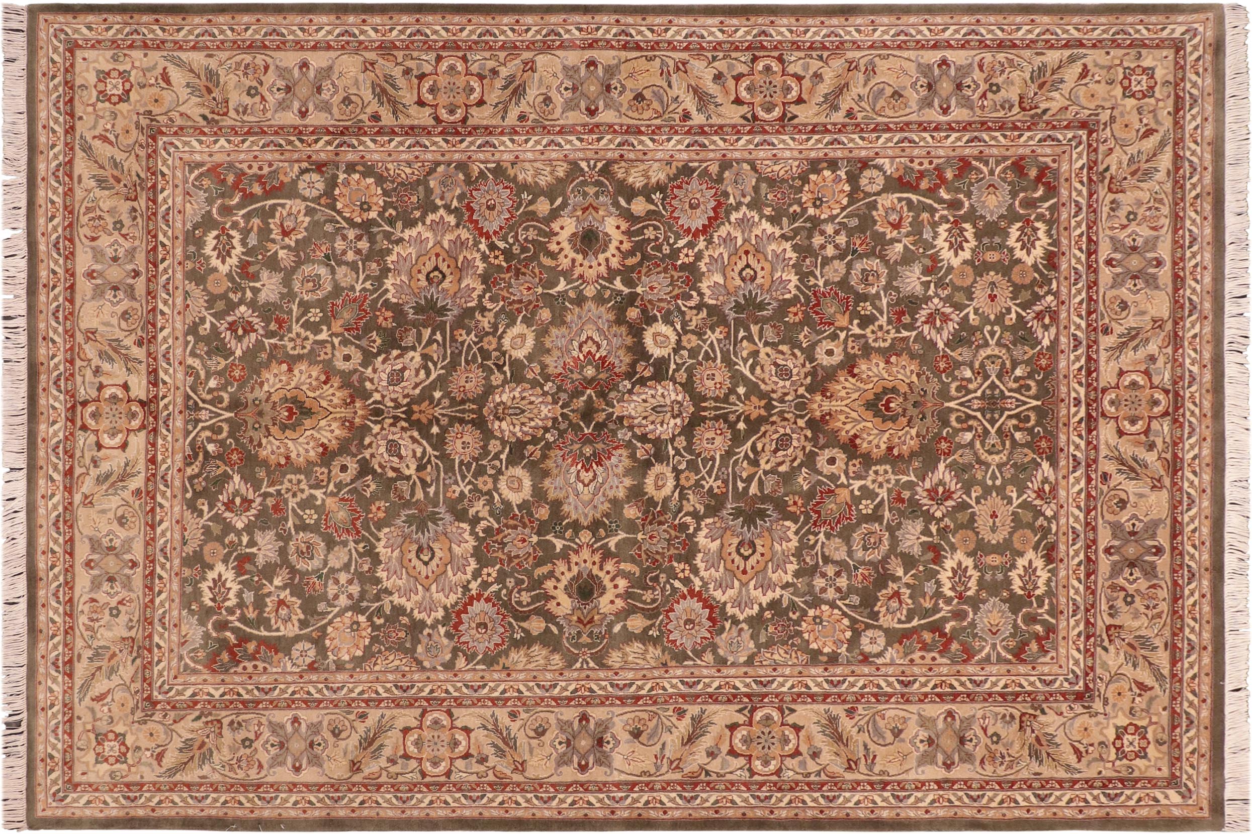 handmade Traditional Mehal Green Taupe Hand Knotted RECTANGLE 100% WOOL area rug 6x9