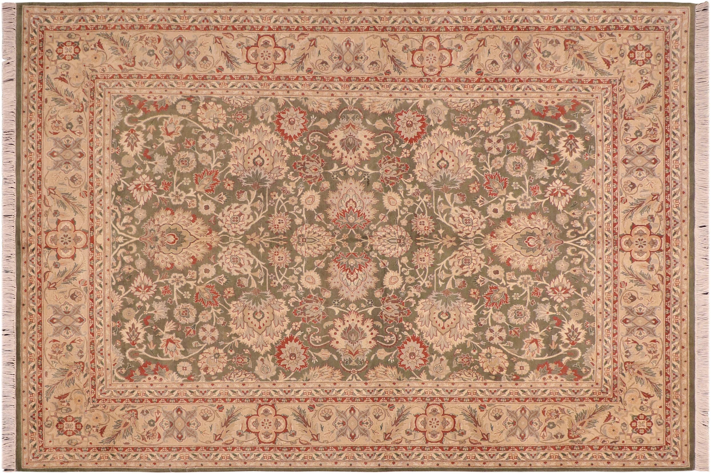 handmade Traditional Mehal Green Beige Hand Knotted RECTANGLE 100% WOOL area rug 6x9