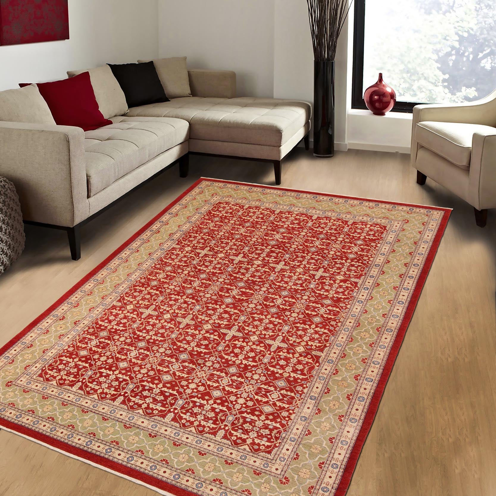 handmade Transitional Kafkaz Red Green Hand Knotted RECTANGLE 100% WOOL area rug 10' x 14'