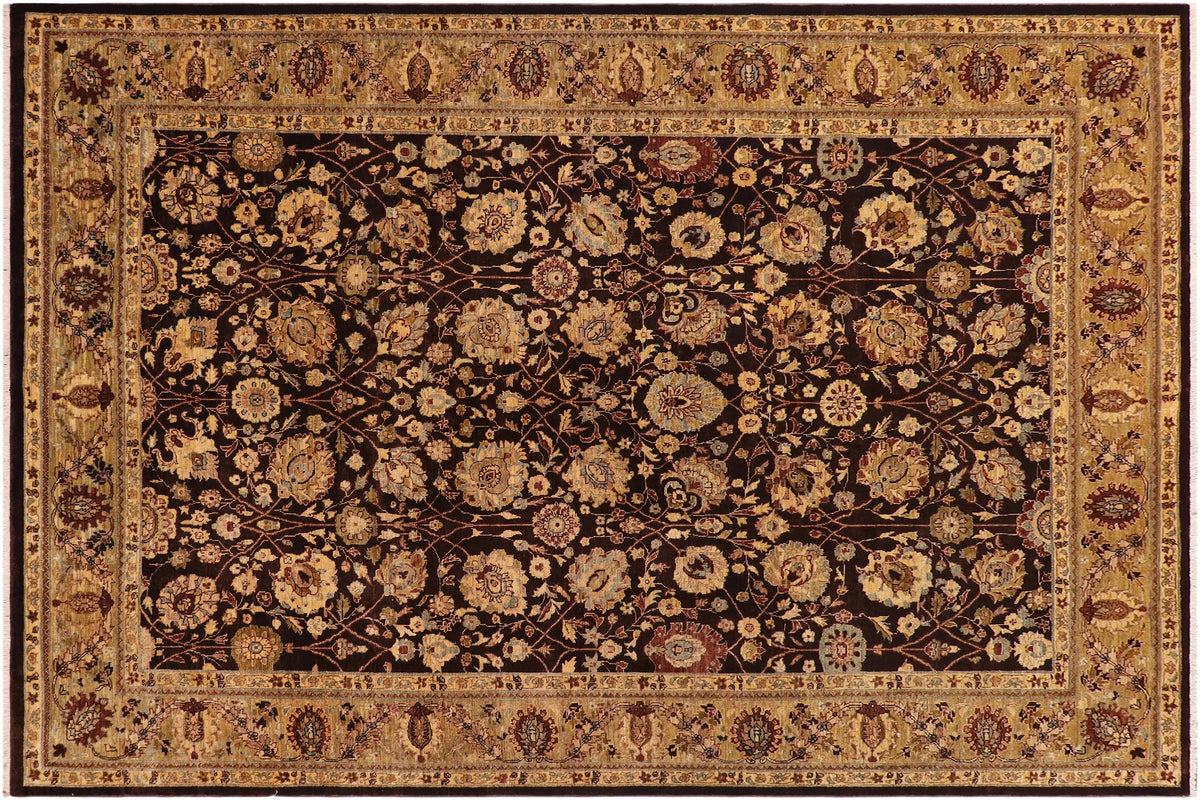 9x11 hand knotted transitional wool rug in brown and olive green - Oriental Cleora Green