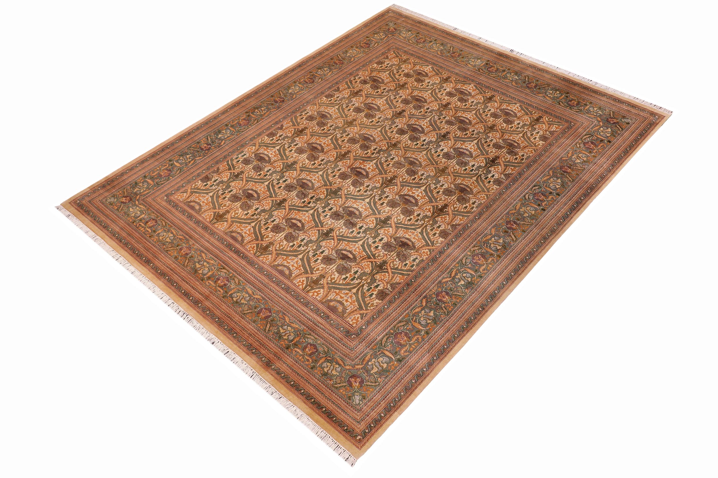 handmade Transitional Hamjolie Ivory Lt. Green Hand Knotted RECTANGLE 100% WOOL area rug 9x12