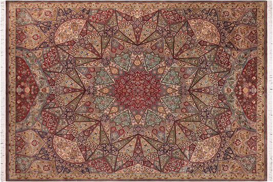 handmade Traditional Mugalart Brown Multi Hand Knotted RECTANGLE 100% WOOL area rug 9x12