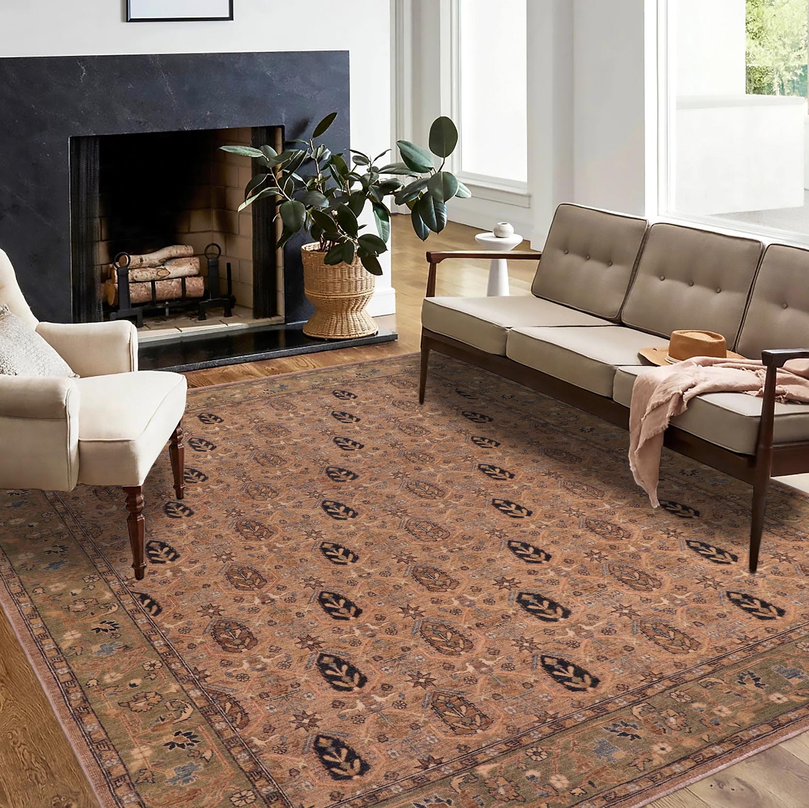 handmade Transitional Kafkaz Tan Lt. Green Hand Knotted RECTANGLE 100% WOOL area rug 8' x 10'