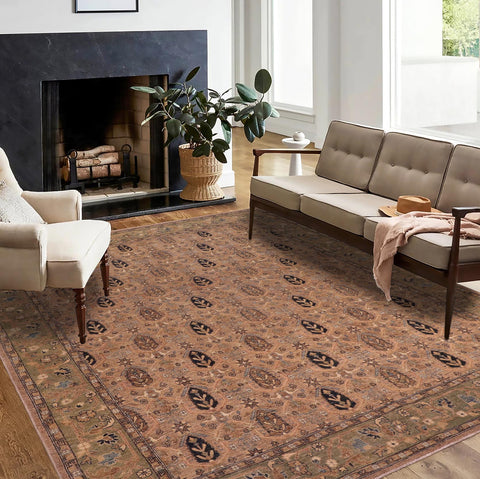 handmade Transitional Kafkaz Tan Lt. Green Hand Knotted RECTANGLE 100% WOOL area rug 8' x 10'