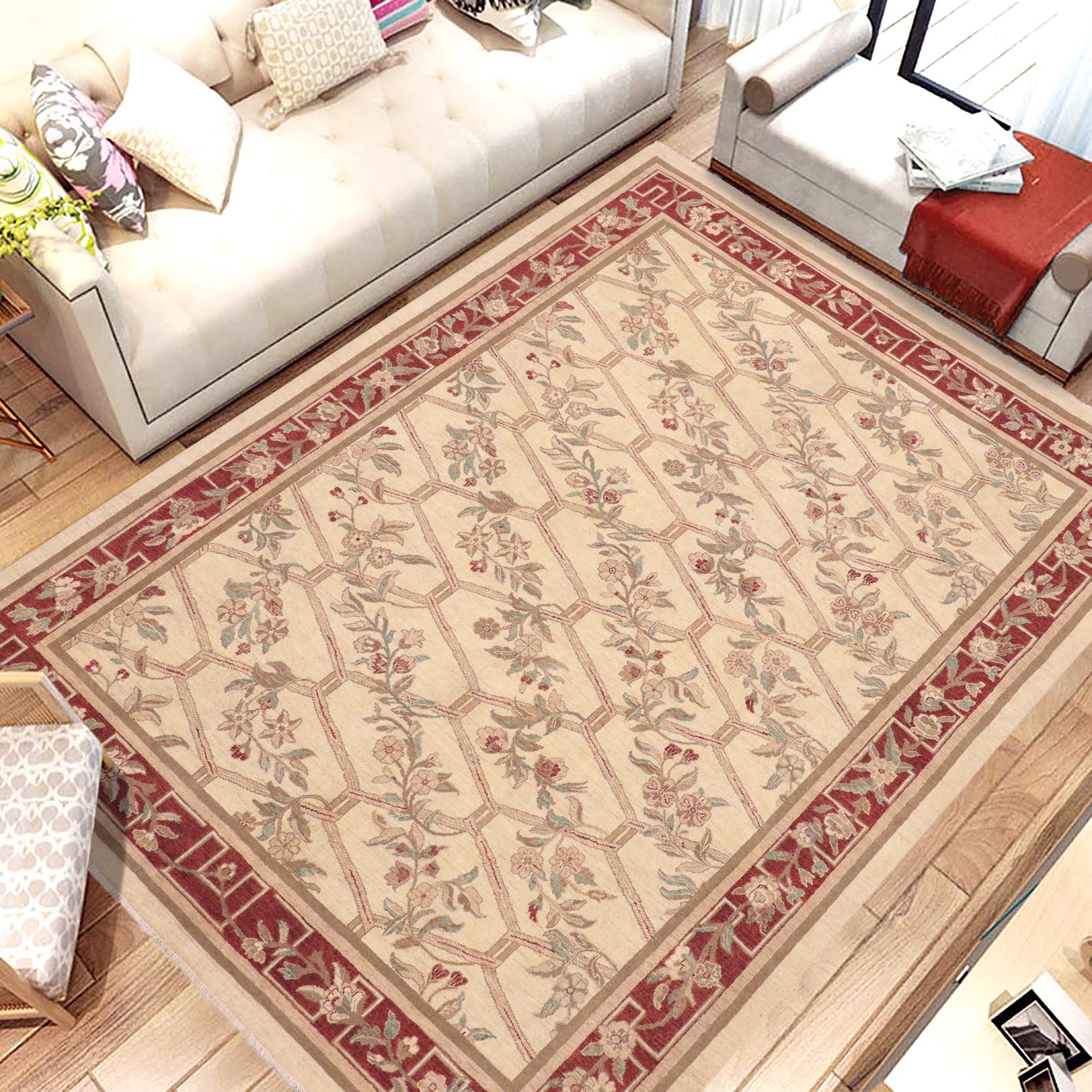 handmade Transitional Kafkaz Beige Wine Red Hand Knotted RECTANGLE 100% WOOL area rug 8' x 10'