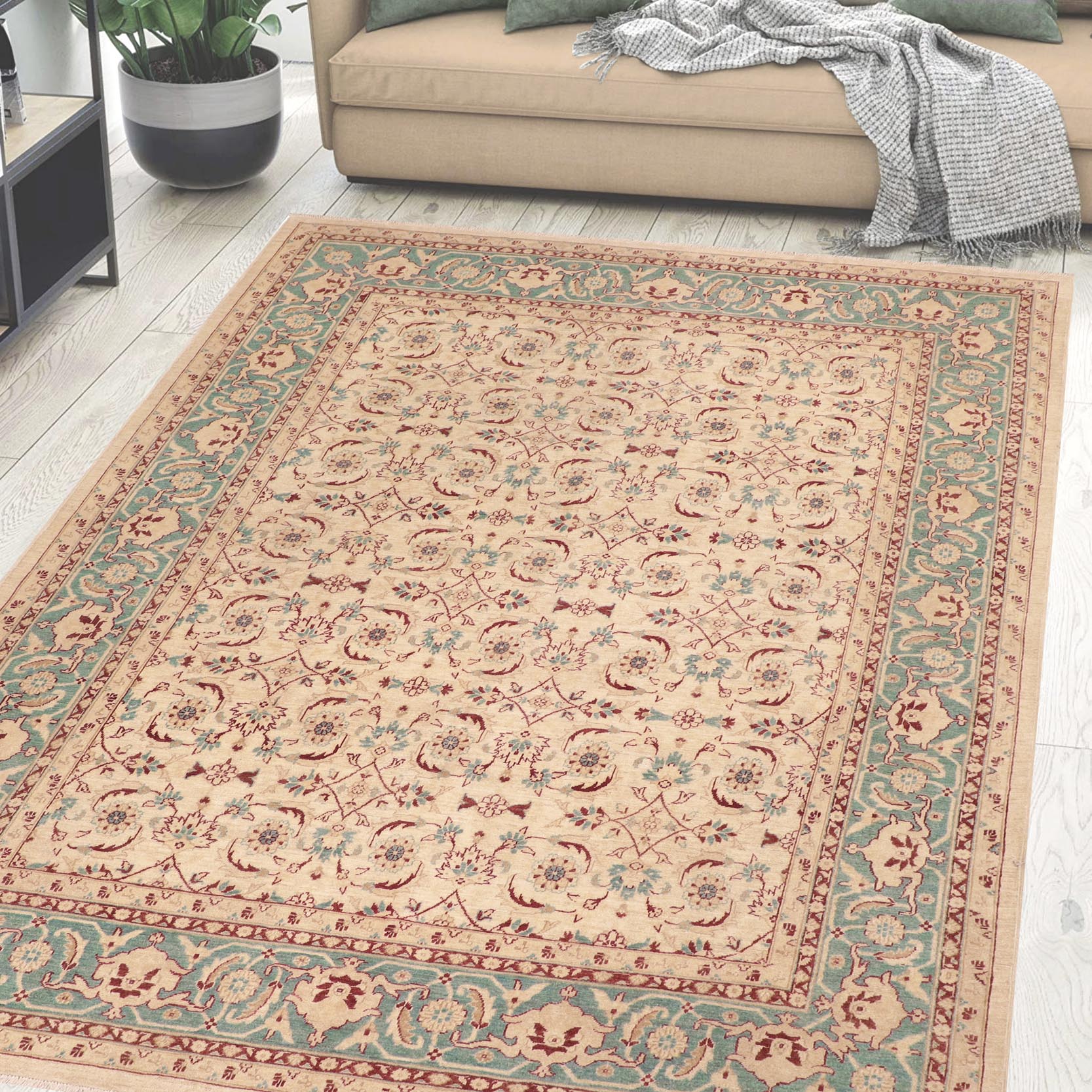 handmade Transitional Kafkaz Beige Green Hand Knotted RECTANGLE 100% WOOL area rug 8' x 10'