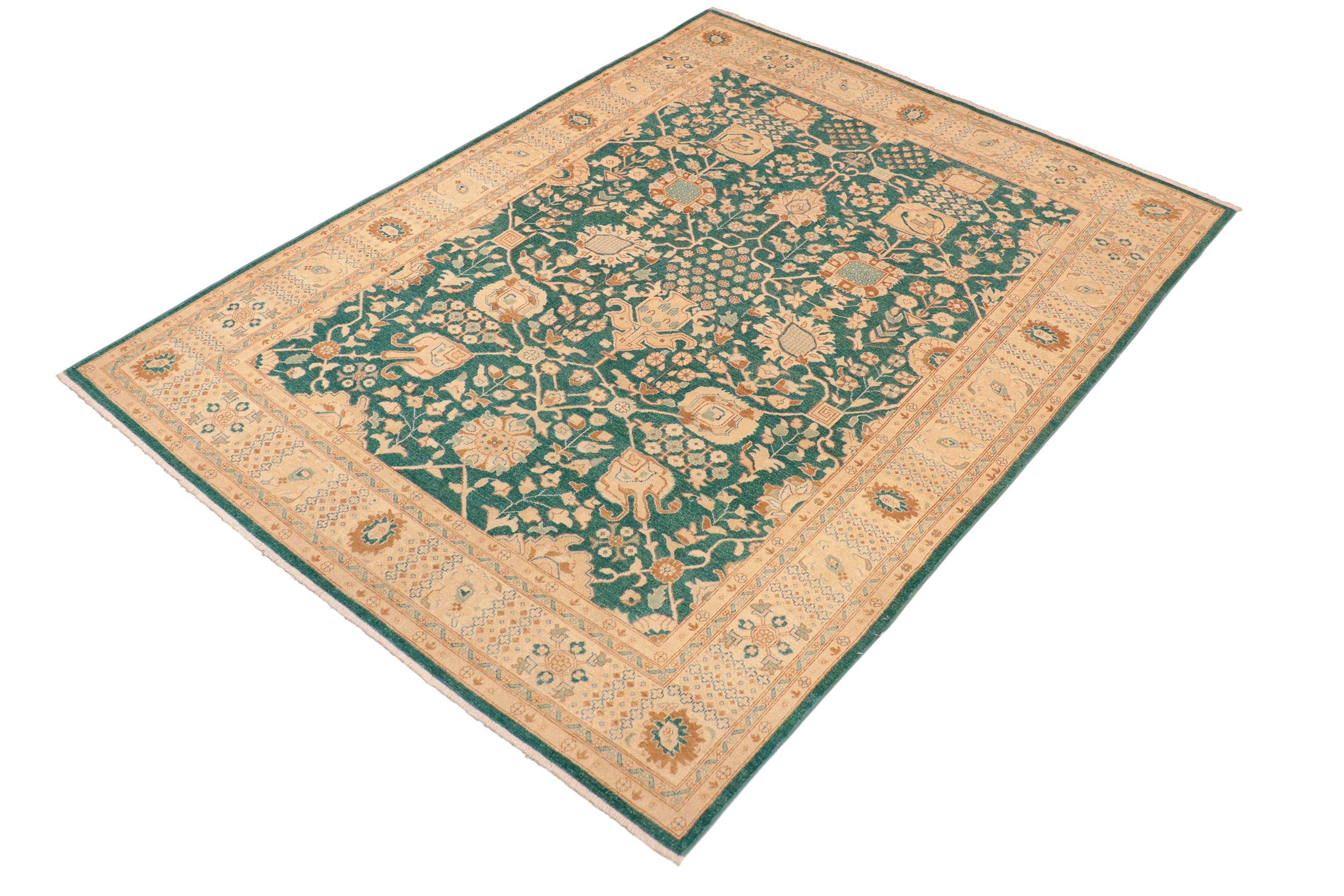 handmade Transitional Kafkaz Green Tan Hand Knotted RECTANGLE 100% WOOL area rug 8' x 10'