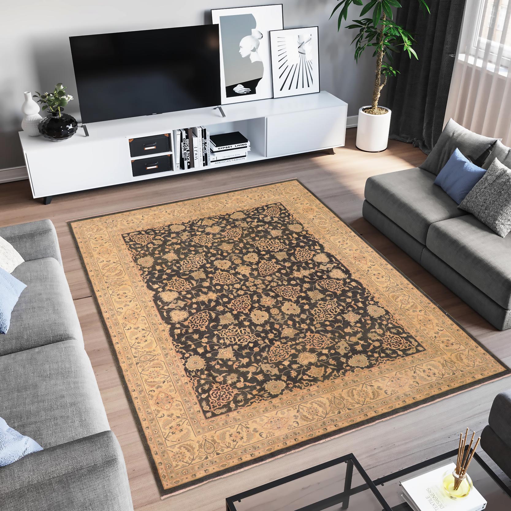 handmade Traditional Kafkaz Charcoal Tan Hand Knotted RECTANGLE 100% WOOL area rug 8x10