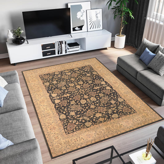 handmade Traditional Kafkaz Charcoal Tan Hand Knotted RECTANGLE 100% WOOL area rug 8x10