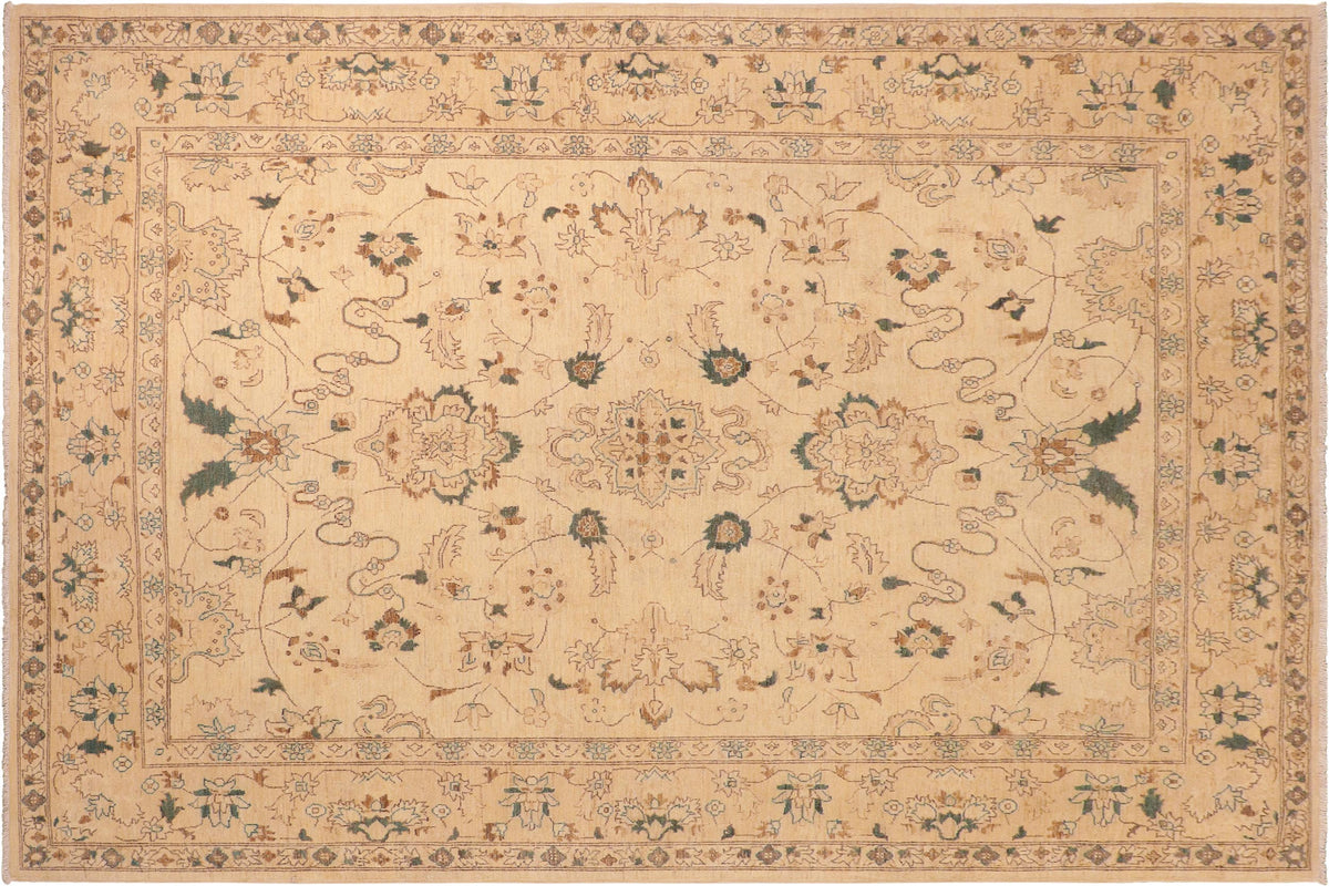 8x10 hand knotted Ziegler wool rug in tan and green - Bohemian Ziegler Exie