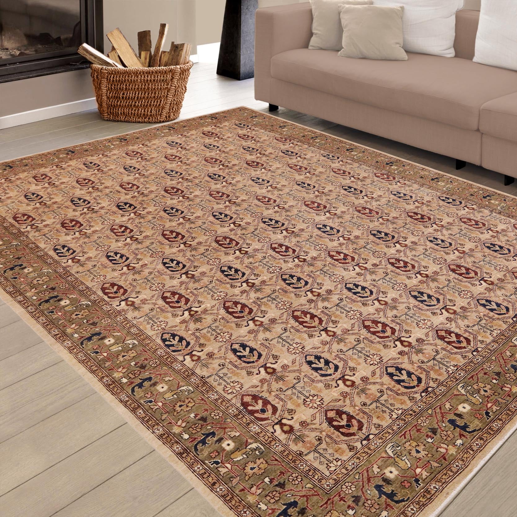 handmade Transitional Kafkaz Tan Green Hand Knotted RECTANGLE 100% WOOL area rug 9' x 12'