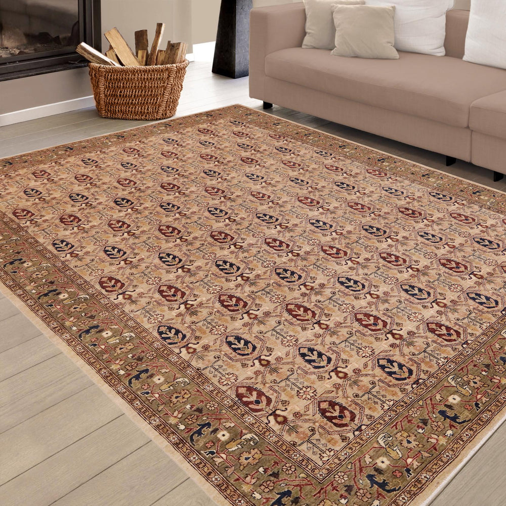 handmade Transitional Kafkaz Tan Green Hand Knotted RECTANGLE 100% WOOL area rug 9' x 12'