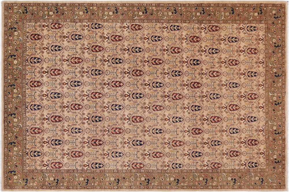 handmade Transitional Kafkaz Tan Green Hand Knotted RECTANGLE 100% WOOL area rug 9' x 12'
