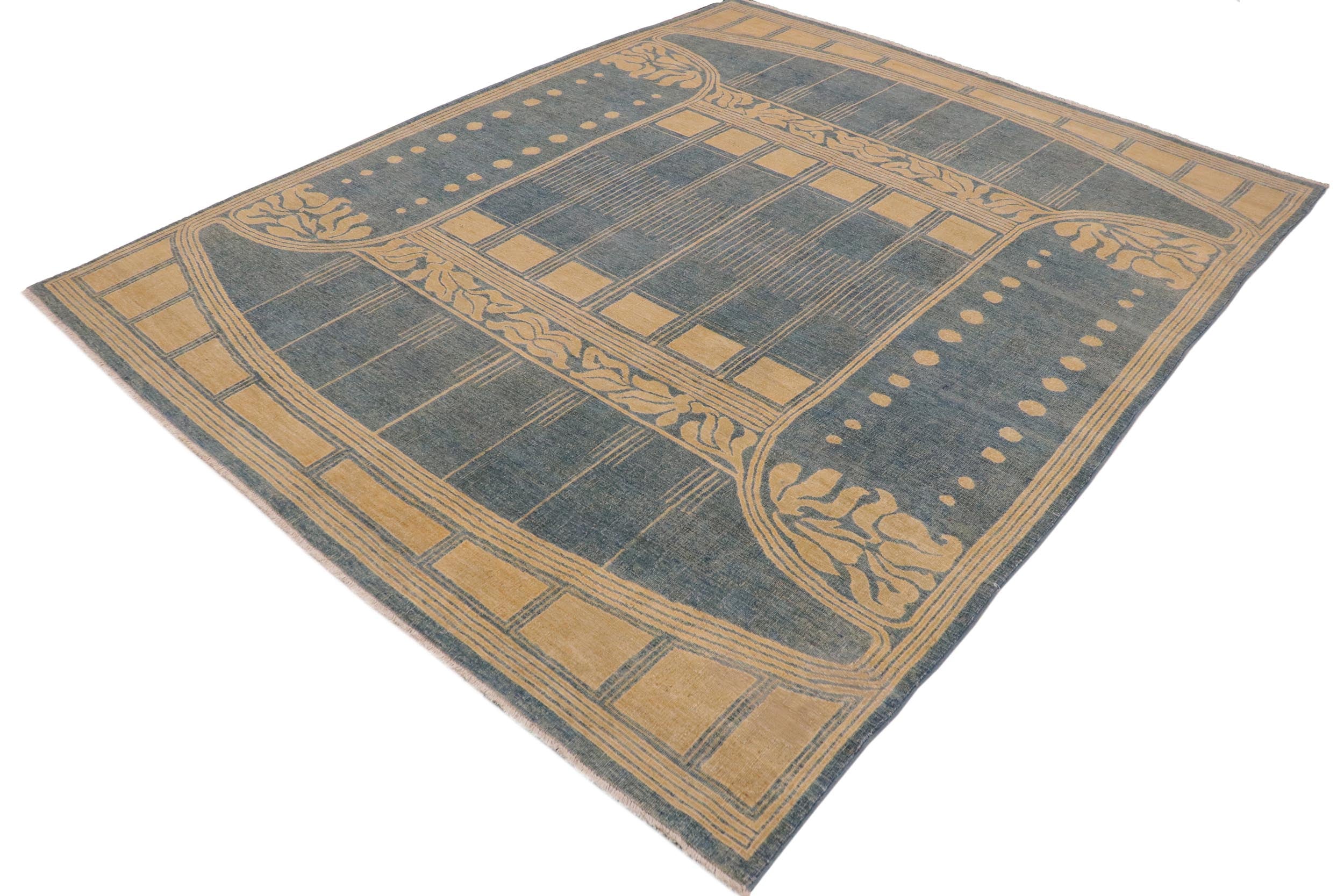 handmade Geometric Antique Blue Tan Hand Knotted RECTANGLE 100% WOOL area rug 9' x 11'