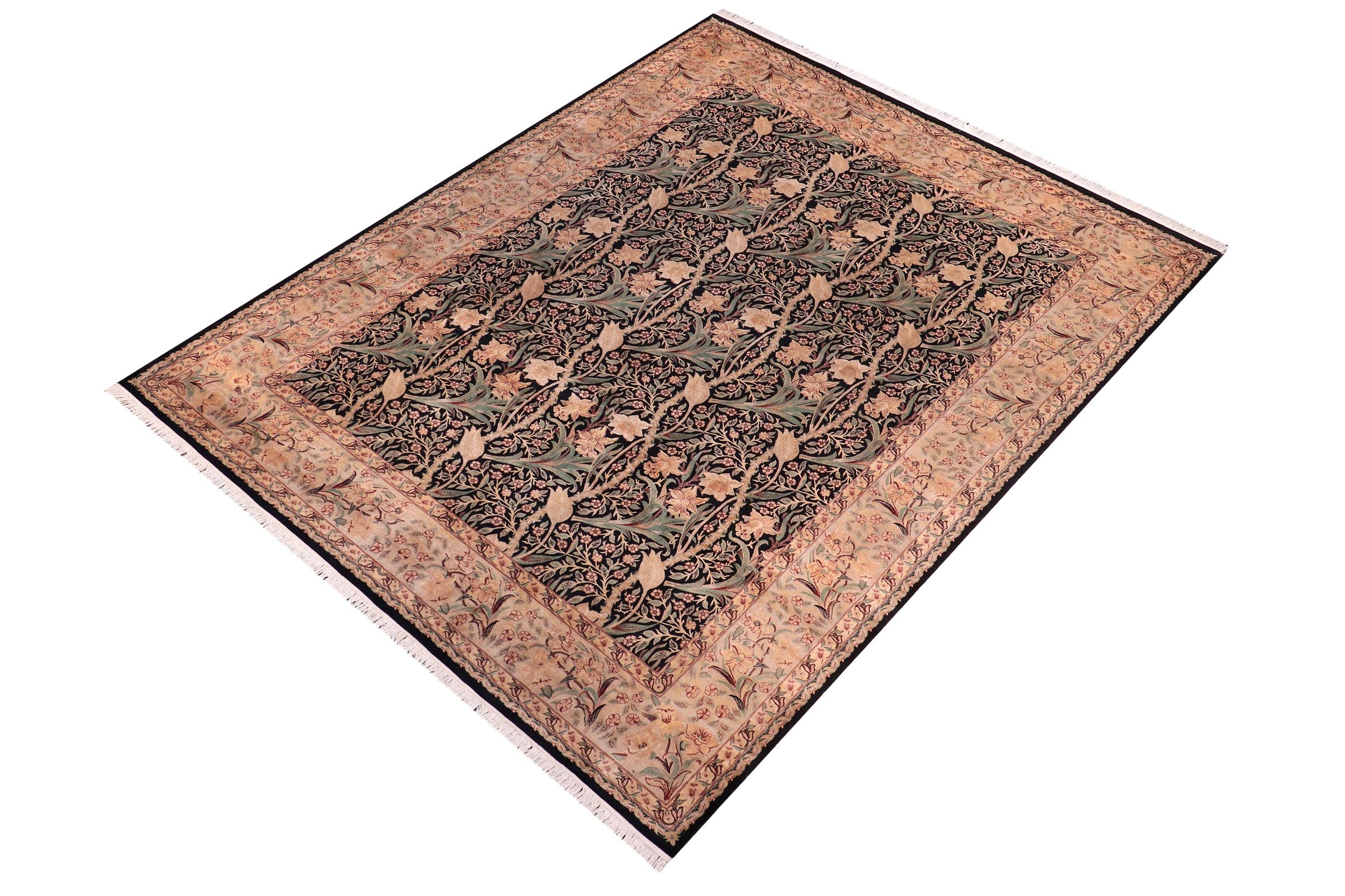 handmade Transitional Dafodils Black Tan Hand Knotted RECTANGLE 100% WOOL area rug 9x12