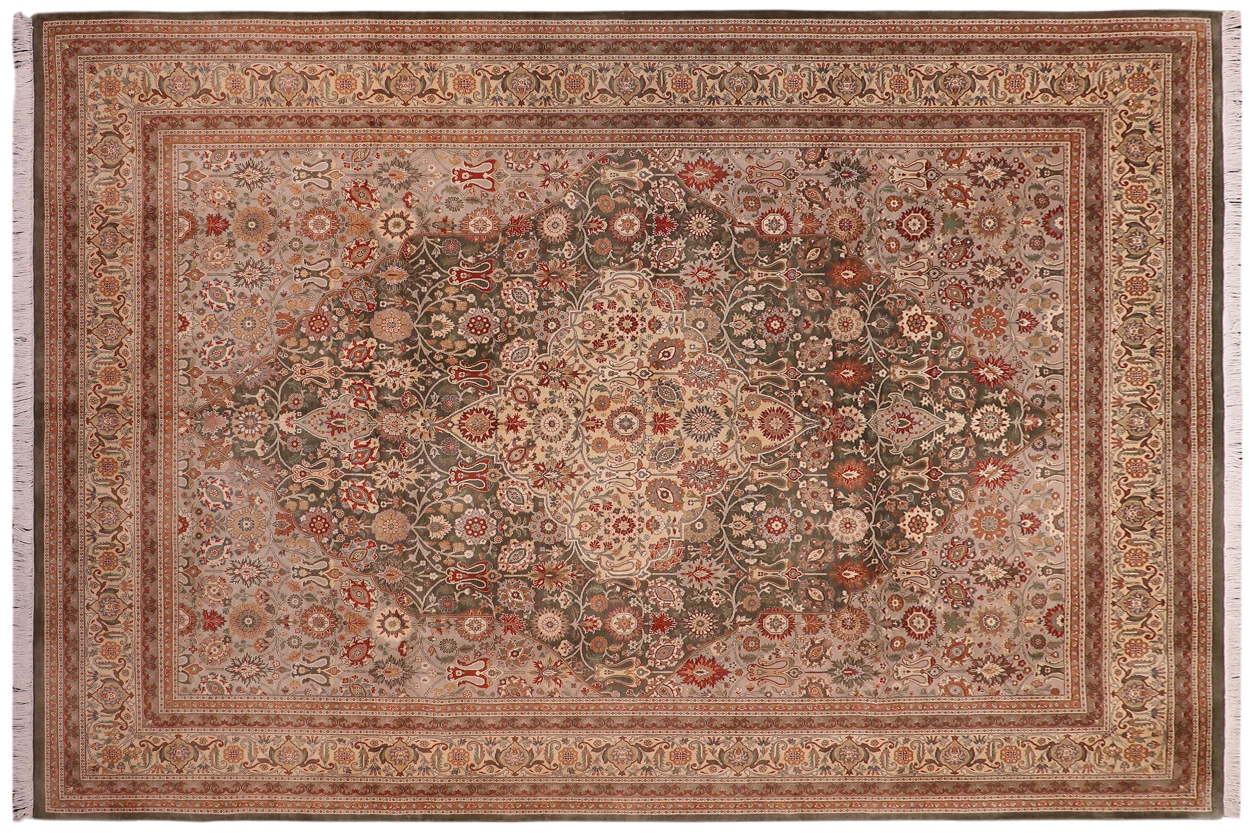 handmade Traditional Tabriz Green Lt. Tan Hand Knotted RECTANGLE 100% WOOL area rug 9x12
