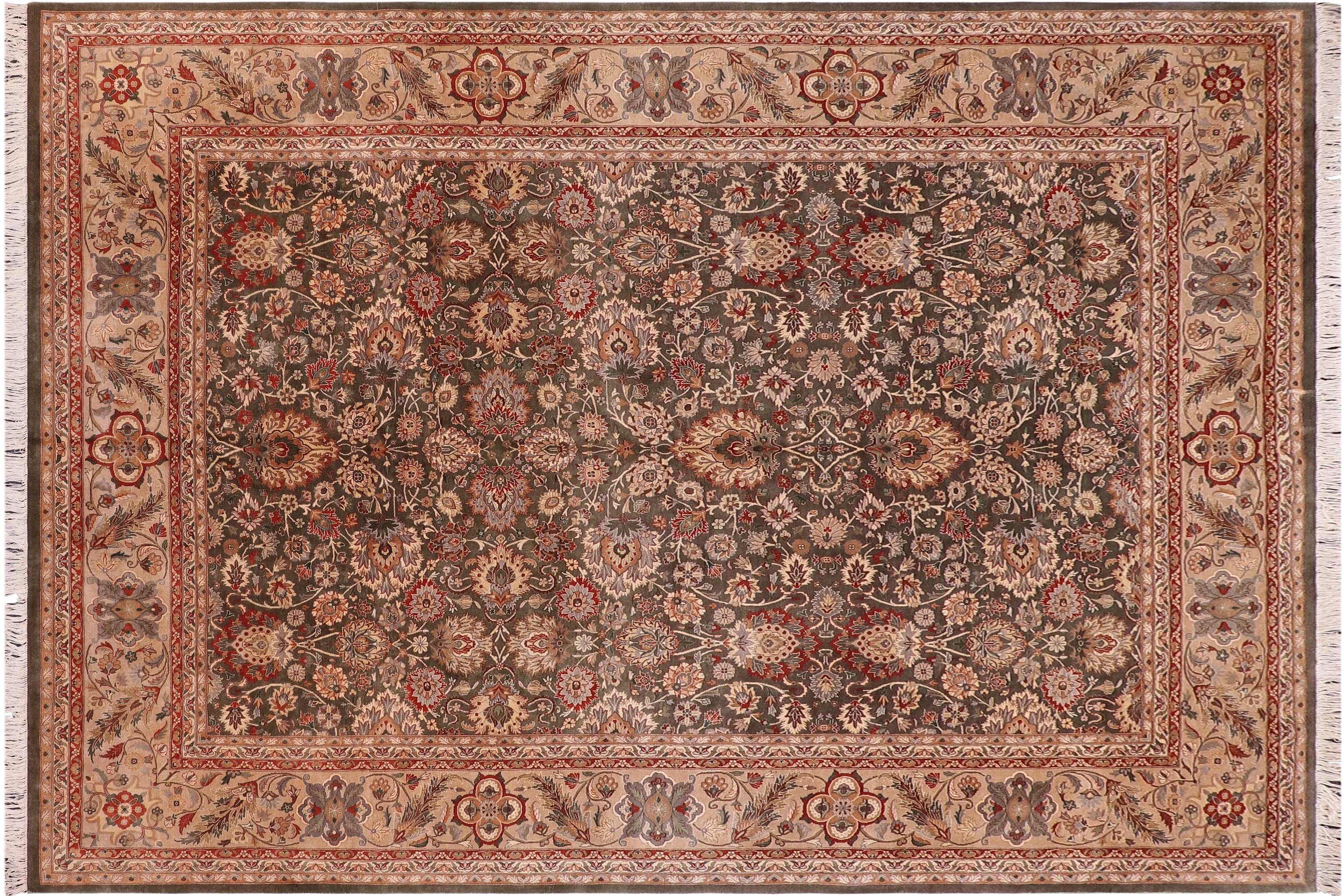 handmade Traditional Mehal Green Tan Hand Knotted RECTANGLE 100% WOOL area rug 9x12