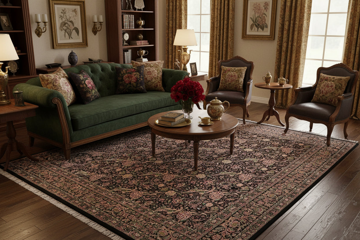 handmade Transitional Morris Black Black Hand Knotted RECTANGLE 100% WOOL area rug 9x12
