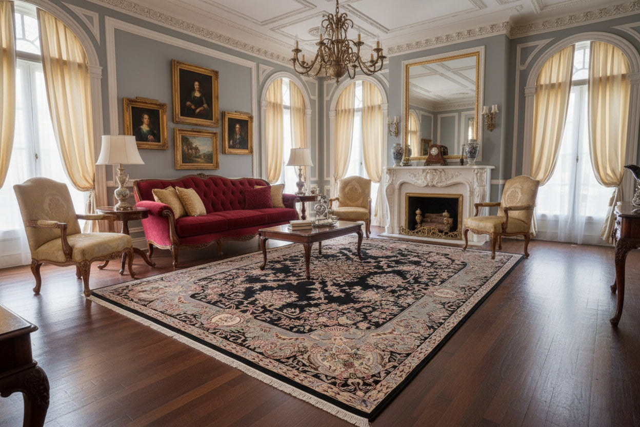 handmade Traditional Gujranwala Black Lt. Gray Hand Knotted RECTANGLE 100% WOOL area rug 9x12