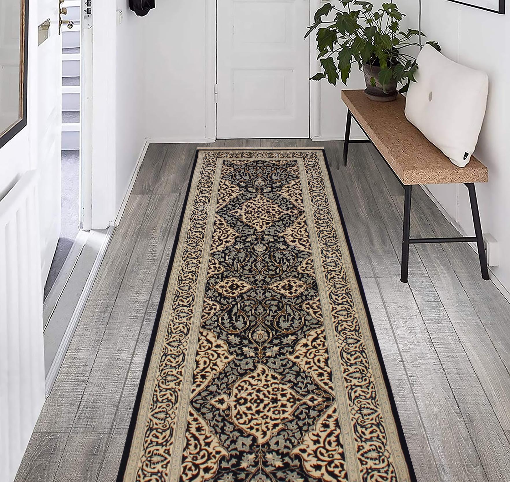 handmade Transitional Design Black Ivory Hand Knotted RUNNER 100% WOOL area rug 3' x 13'