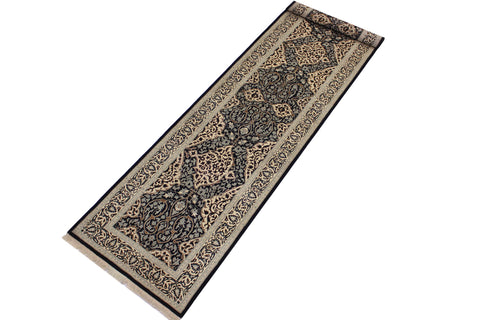 handmade Transitional Design Black Ivory Hand Knotted RUNNER 100% WOOL area rug 3' x 13'