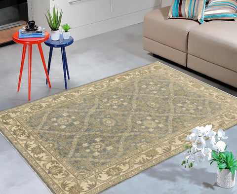 handmade Transitional Kafkaz Lt. Blue Ivory Hand Knotted RECTANGLE 100% WOOL area rug 4' x 6'