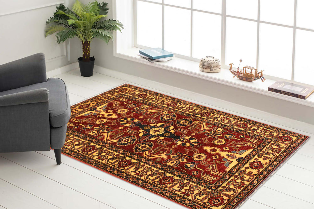 handmade Geometric Super Kazak Red Gold Hand Knotted RECTANGLE 100% WOOL area rug 4' x 6'