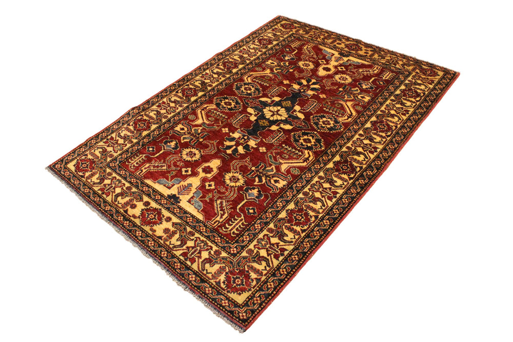 handmade Geometric Super Kazak Red Gold Hand Knotted RECTANGLE 100% WOOL area rug 4' x 6'