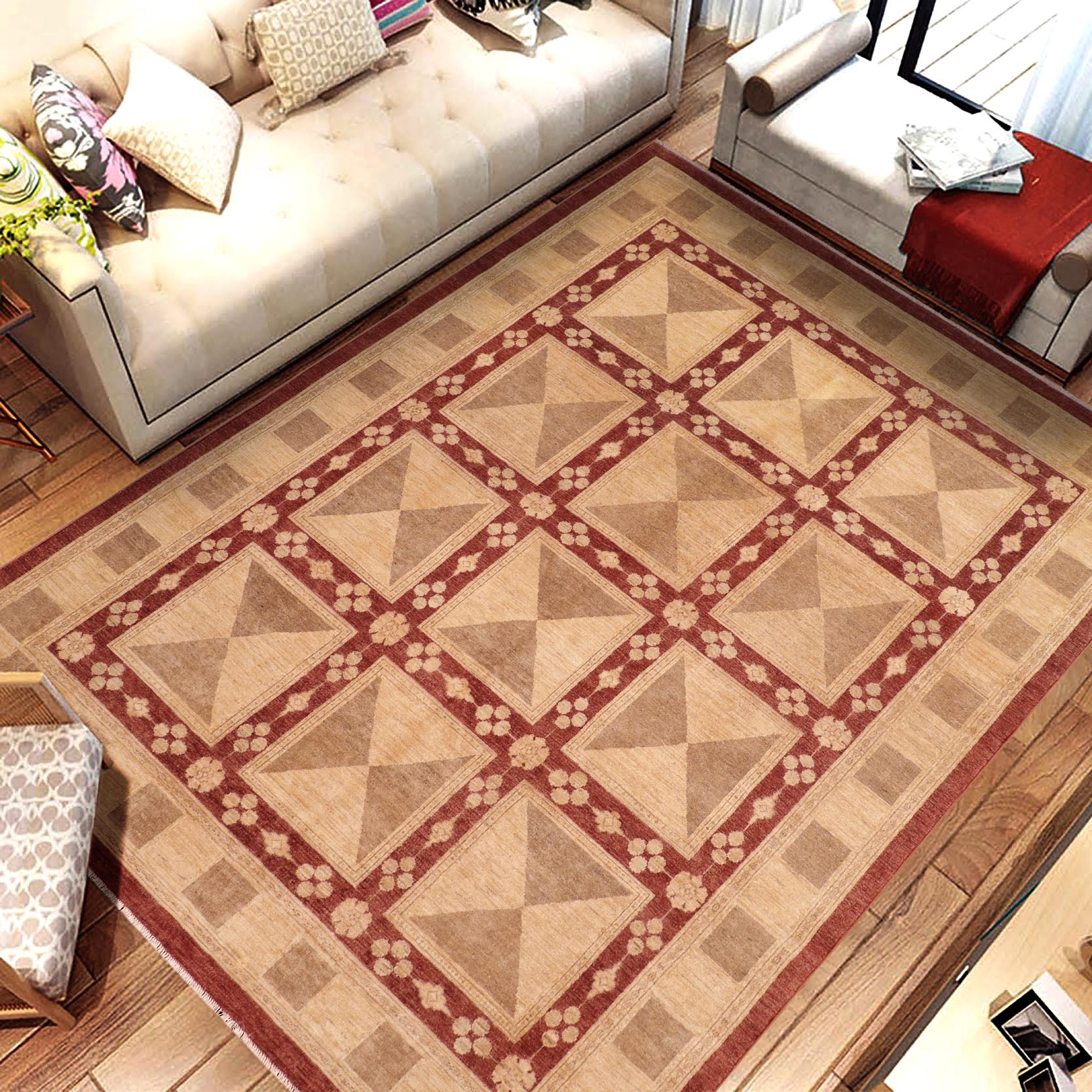handmade Transitional Kafkaz Beige Rust Hand Knotted RECTANGLE 100% WOOL area rug 8' x 10'